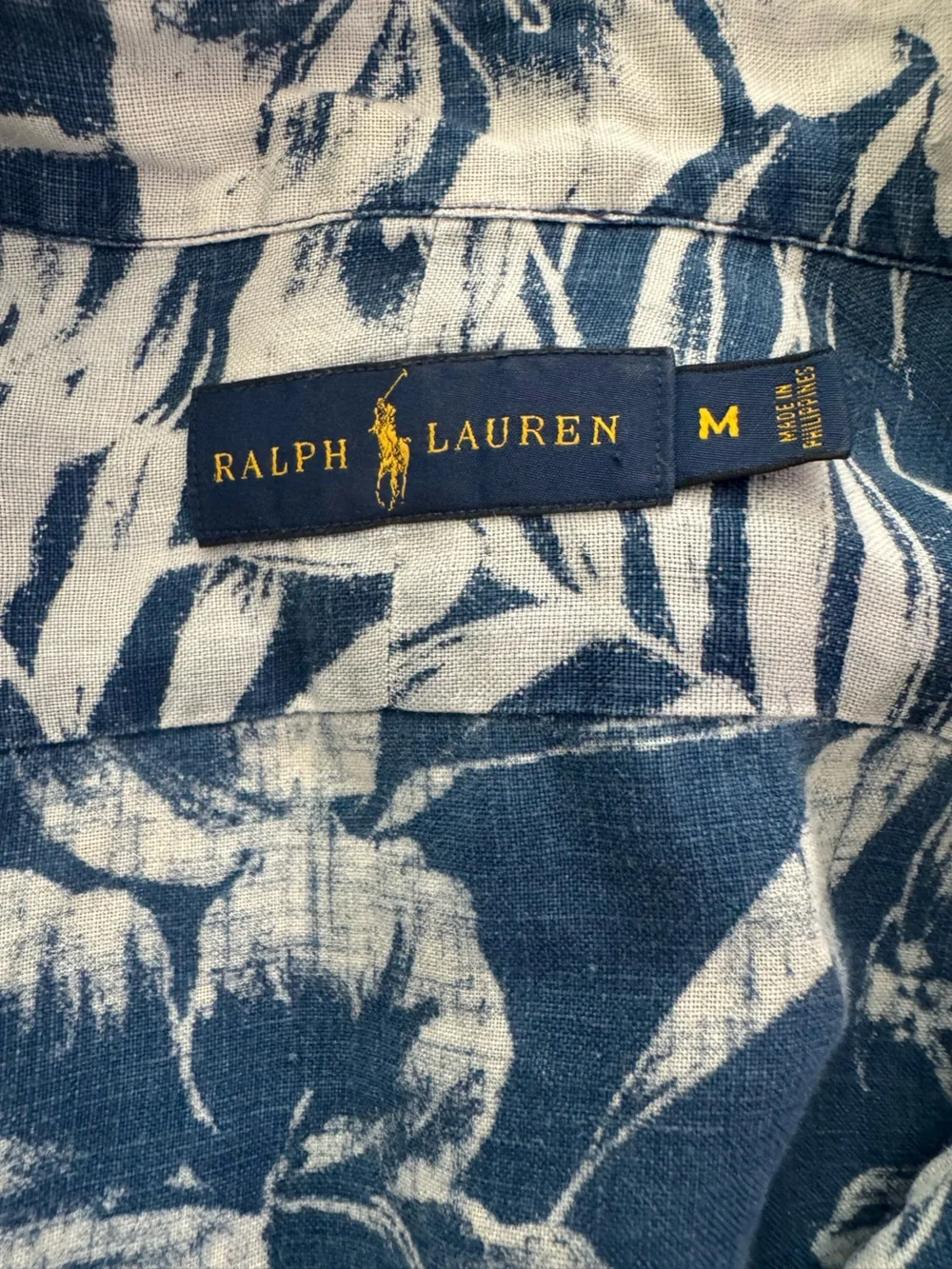 Ralph Lauren Men’s Blue & White Linen Tropical Floral Short-Sleeve Popover  Med